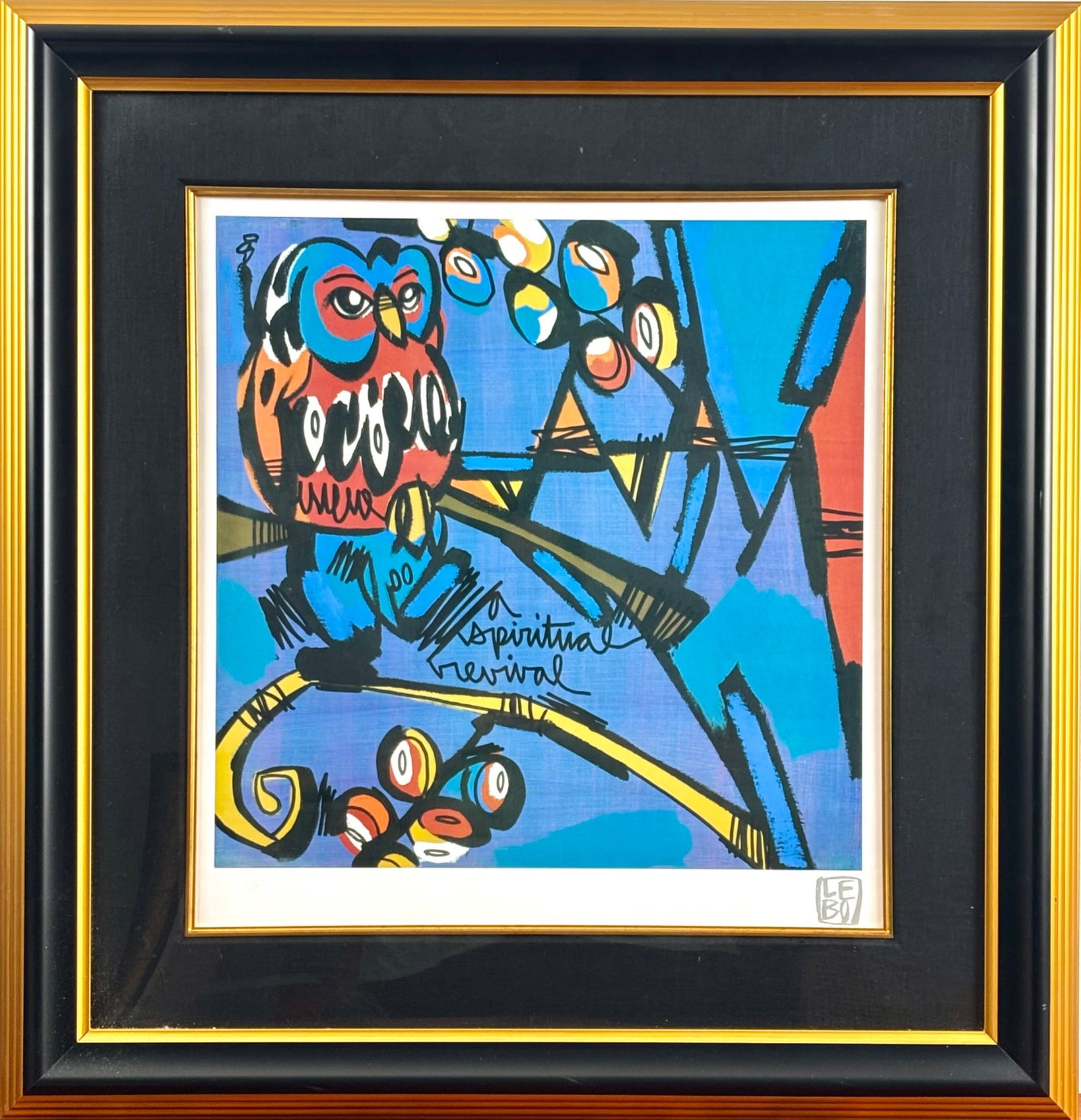 David Le Batard, Lebo, ‘A Spiritual Revival’ Seriolithograph on Paper: Seriolithograph in color on archival paper by David Le Batard LEBO, titled ‘A Spiritual Revival,’ dated 2015. Features an abstract depiction of an owl in vibrant blue, red, and yellow tones. Signe
