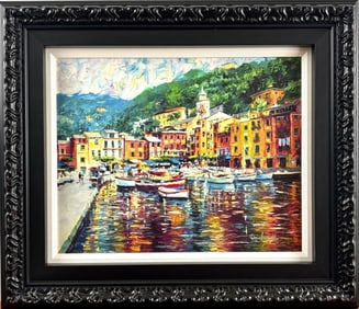 Daniel Wall ‘Portofino Harbor’ Signed Giclee on Canvas, COA