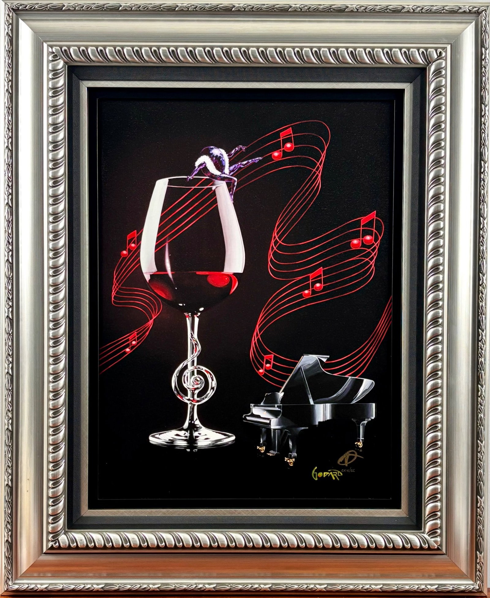 Michael Godard ‘A Night at the Opera’ Framed Giclee on Canvas, COA: Framed giclee on canvas titled ‘A Night at the Opera’ by artist Michael Godard, signed lower right. Features a vibrant composition of a wine glass with a treble clef stem, a small piano, and music