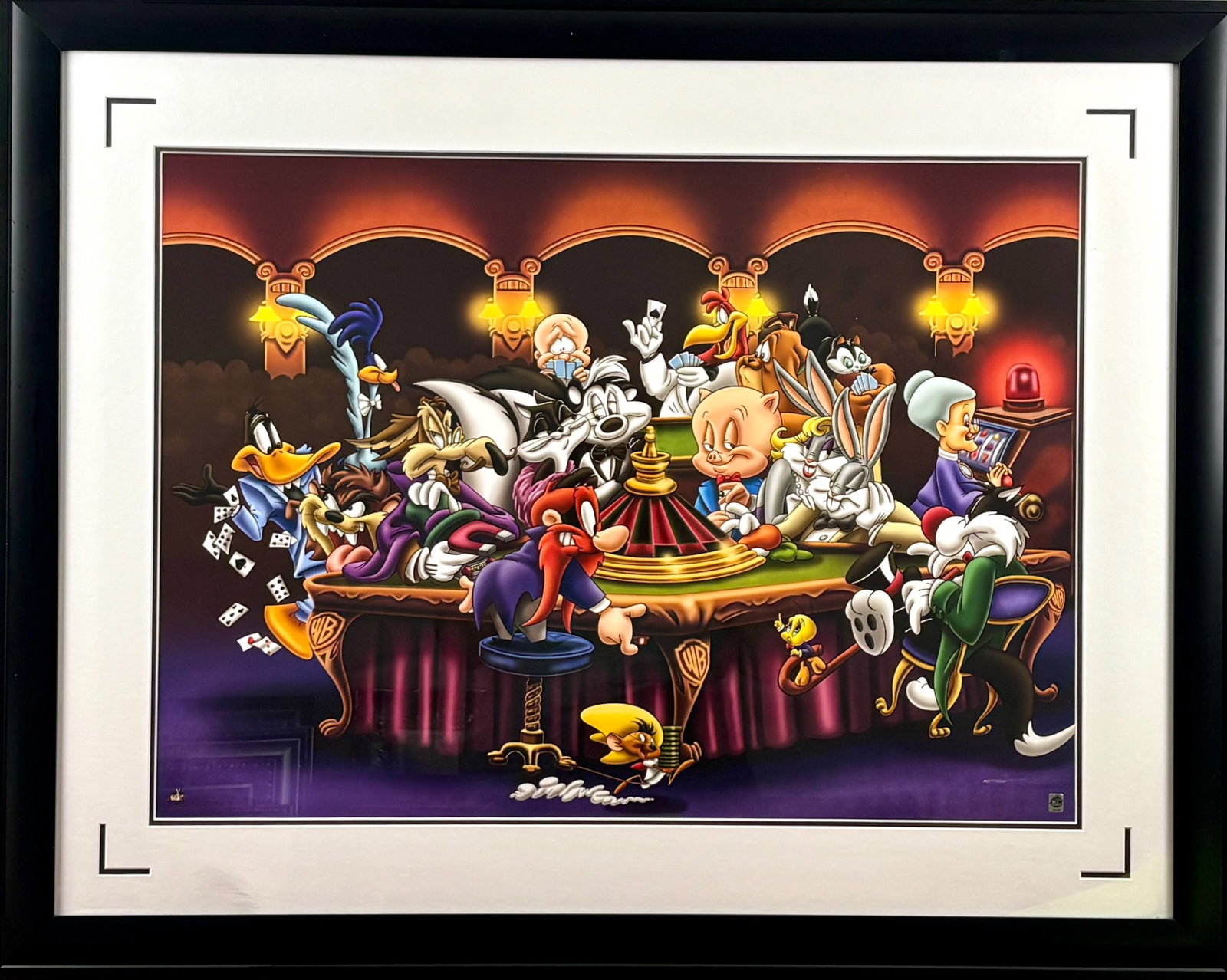 Warner Bros. Limited Edition ‘It’s a Gamble’ Seriolithograph: Limited edition seriolithograph titled ‘It’s a Gamble,’ created by Animation Art in 2022. Features Looney Tunes characters in a casino scene. Includes Warner Bros. hallmark and limited edition n