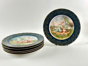 SIX LS and S Limoges Porcelain Plates with Gilt Borders, Nexon