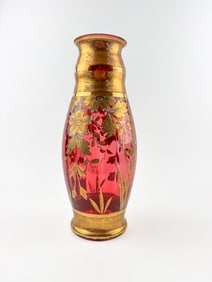 Moser Gilt and Ruby Glass Vase with Floral Enameling
