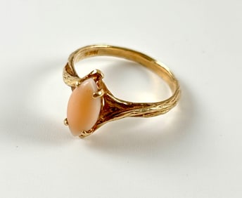 10K Gold Ring with Marquise-Cut Coral Cabochon