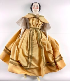 Antique Porcelain China Head Doll with Yellow Dress