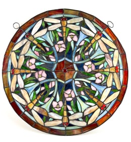 Stained Glass Round Panel Featuring Dragonfly and Floral Design