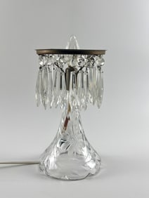 Cut Glass Electric Table Lamp with Crystal Prisms and Floral Etching