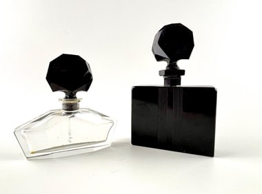 Pair of Art Deco Glass Perfume Bottles with Faceted Stoppers