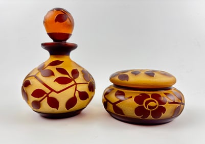 Daum Nancy Cameo Glass Perfume Bottle and Lidded Powder Jar