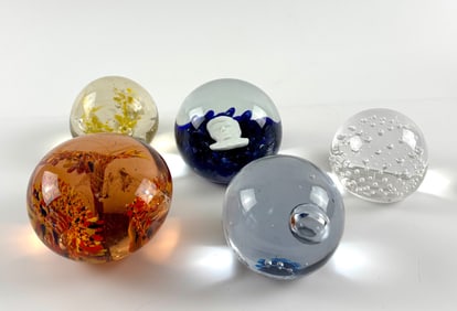 Five Handcrafted Art Glass Paperweights with Various Inclusions