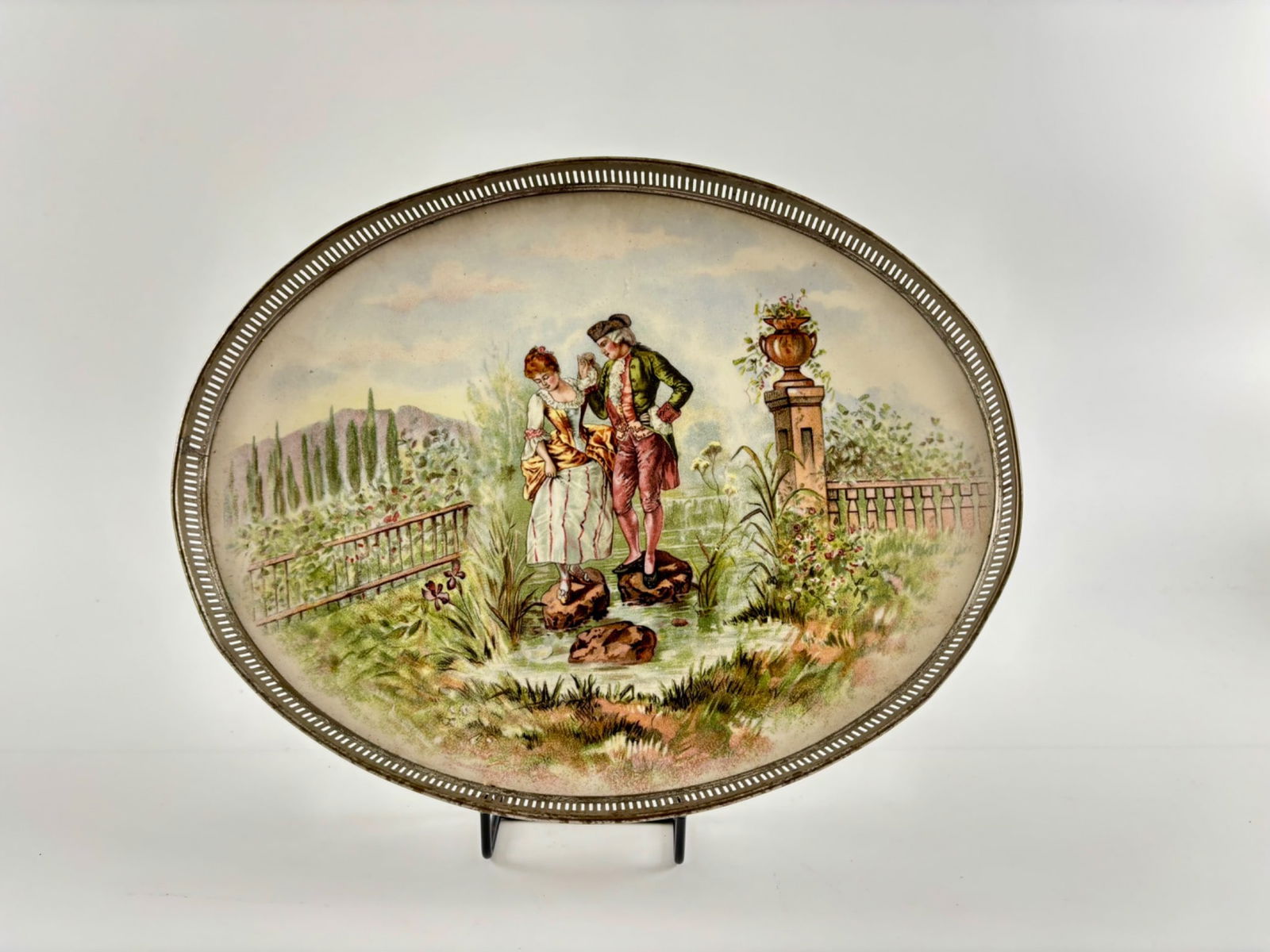 Limoges Porcelain Oval Platter with Pierced Silverplate Rim (1 of 10)