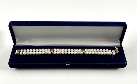 14k Gold and Double Strand Cultured Pearl Bracelet