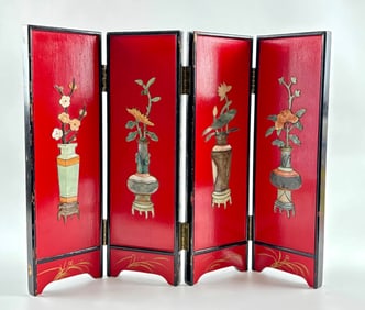 Asian Four Panel Lacquer Folding Screen With Floral Inlay