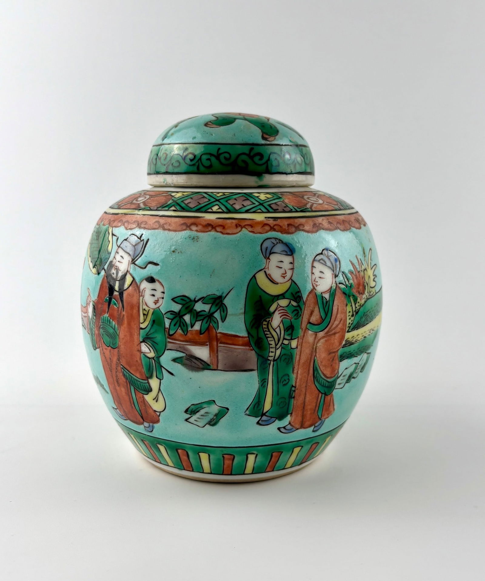Republic Period Chinese Famille Verte Porcelain Ginger Jar?: Porcelain ginger jar featuring hand-painted famille verte enamel decorations. The jar depicts various figures amidst a garden setting, with intricate floral and geometric patterns around the lid and b