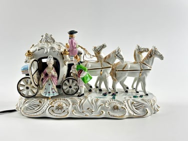 Porcelain Carriage Figurine Table Lamp with Horses and Figures