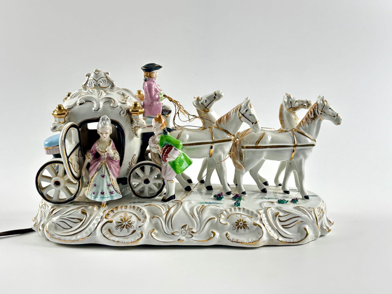 Porcelain Carriage Figurine Table Lamp with Horses and Figures (1 of 11)