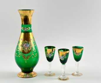 Green and Gold Bohemian Glass Decanter Set