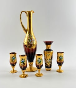 Gold and Violet Bohemian Glass Ewer, Vase, and Six Goblets