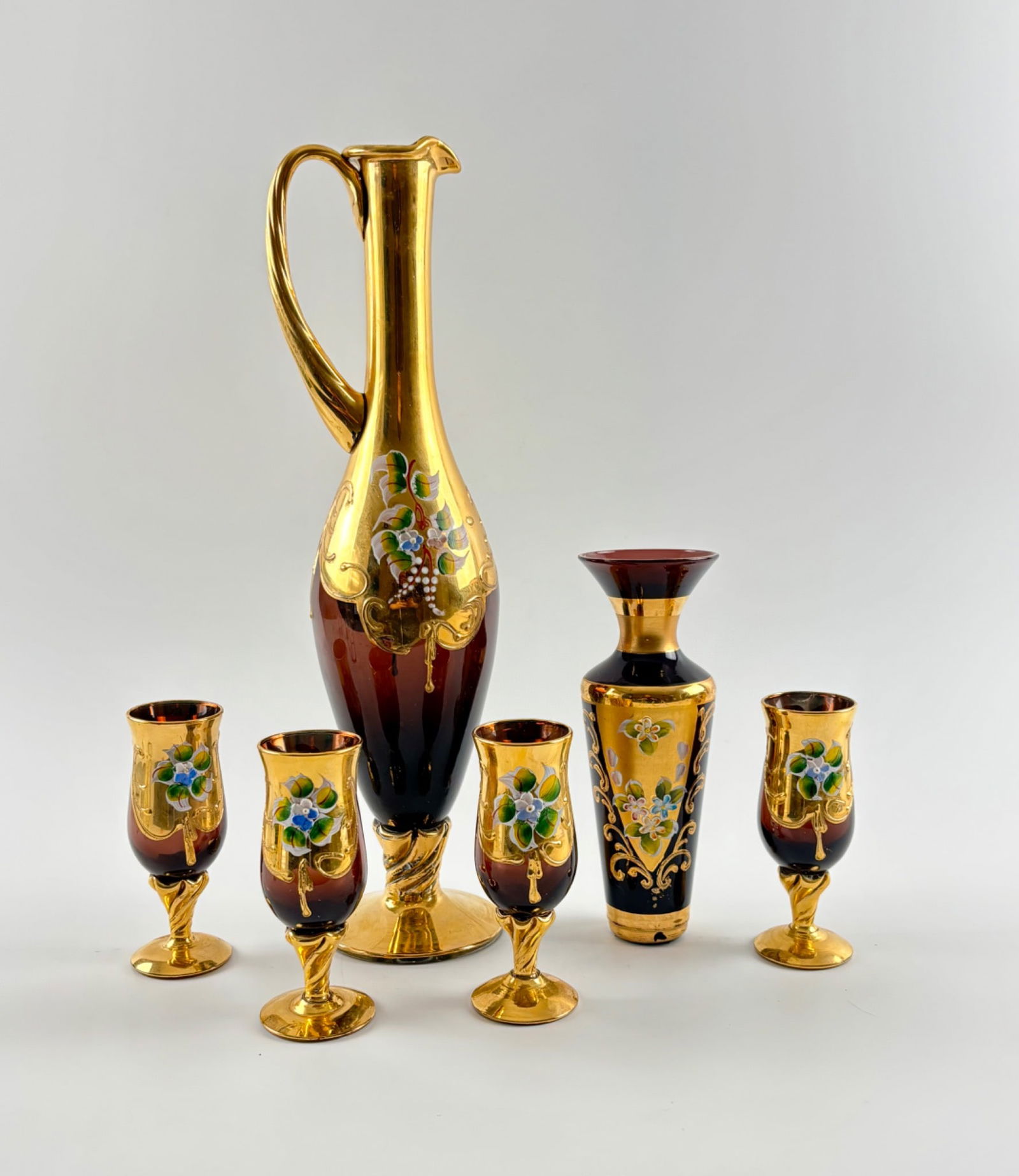 Gold and Violet Bohemian Glass Ewer, Vase, and Six Goblets (1 of 10)