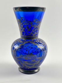 Bohemian Cobalt Glass Vase with Silver Deposit, Circa 1900