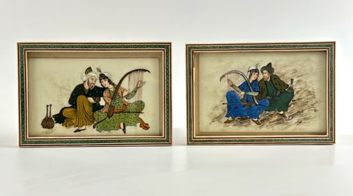 Persian Camel Bone Miniature Paintings in Decorated Frames