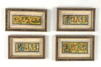 Four Framed Persian Camel Bone Miniature Paintings