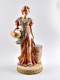 Hand Painted German Ceramic Figurine of Woman with Baskets
