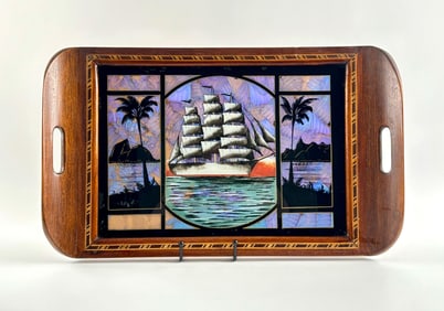 Art Deco Wooden Nautical Tray with Butterfly Wing Inlay