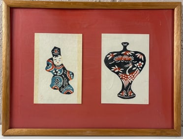 Framed Pair of Keisuke Serizawa Original Color Woodblock Prints