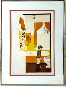 Signed Lithograph Titled Bathroom Scene