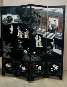 Four Panel Black Lacquer Screen with Chinese Scenic Motifs