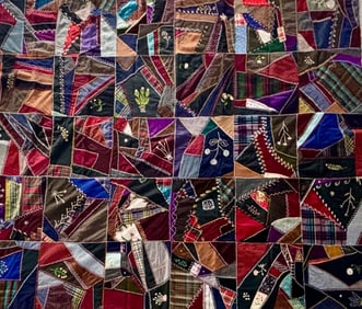 Victorian Crazy Quilt with Embroidery, Signed M