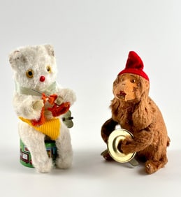 Vintage Wind Up Toys Knitting Bear and Cymbal Monkey