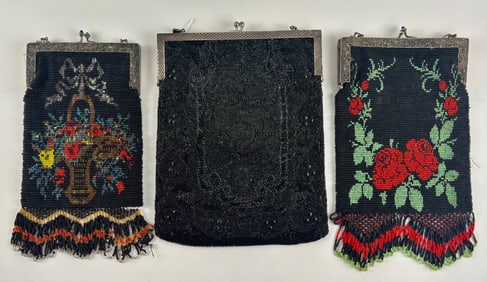 Three Antique Beaded Evening Bags with Silver Tone Frames