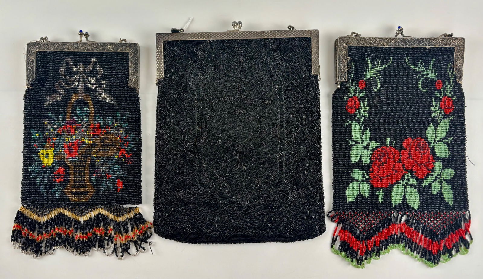 Three Antique Beaded Evening Bags with Silver Tone Frames (1 of 15)