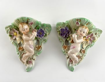 Andrea Sadek Hand Painted Porcelain Cherub Wall Shelves