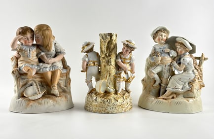 Three Hand Painted Bisque Porcelain Figurines