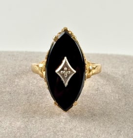14K Gold Ring with Marquise Cut Onyx and White Gold Accent