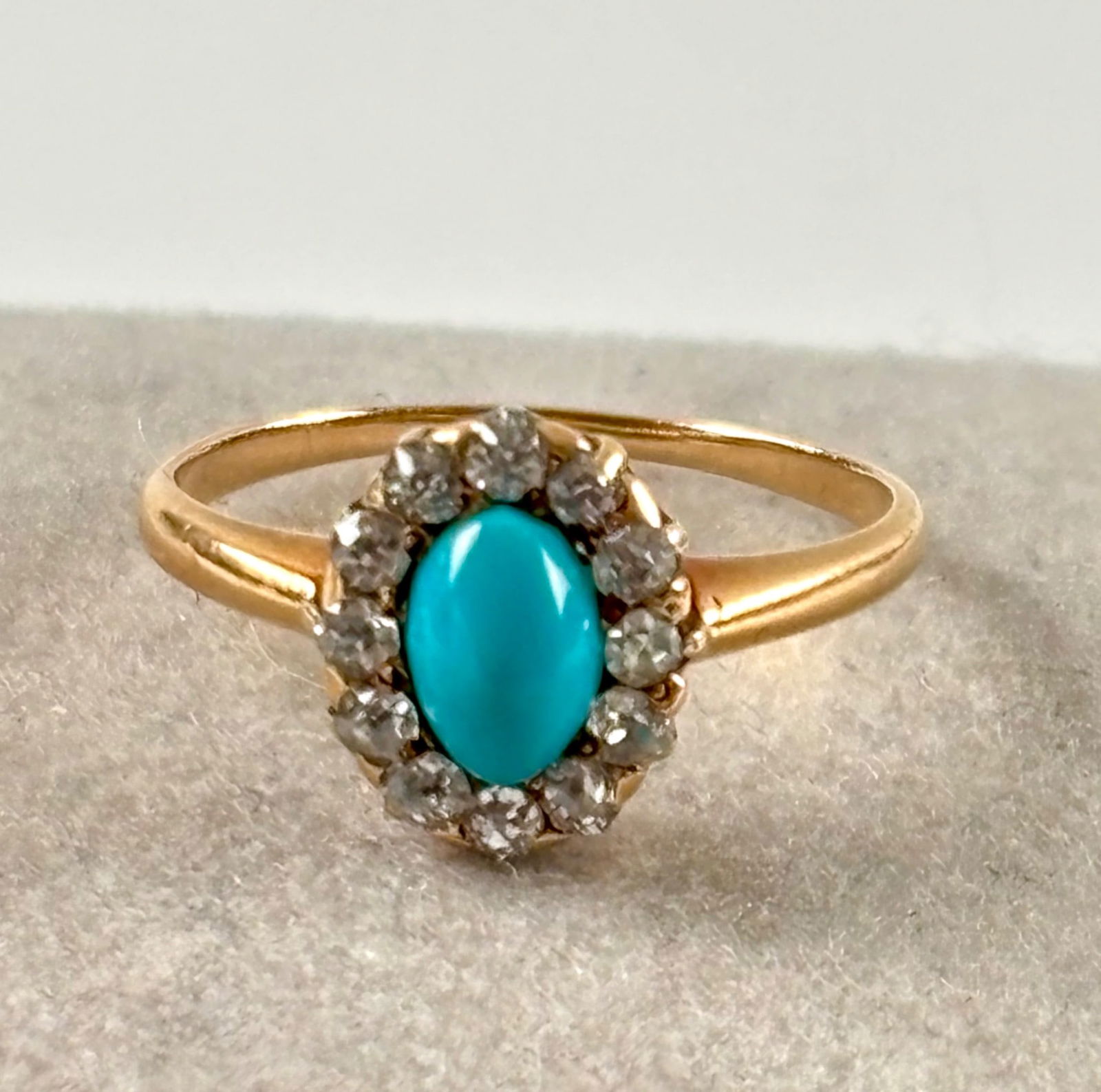 14k Gold Ring with Turquoise Cabochon and Diamond Halo (1 of 4)