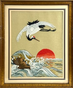 Japanese Framed Embroidery Painting of Crane and Sun