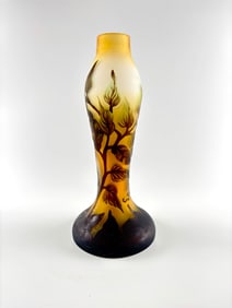 Emile Galle Style Acid-Etched Glass Vase with Botanical Motif