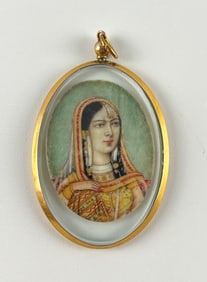 Indian Oval Miniature Portrait Pendant with 14K Gold Frame