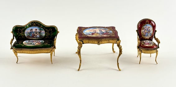 Antique Viennese Enamel Miniature  Parlor Furniture