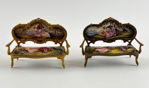 Viennese Enamel Miniature Sofas with Gilt Metal Frames