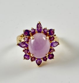 14K Gold Cocktail Ring with Oval Amethyst Cabochon and Halo
