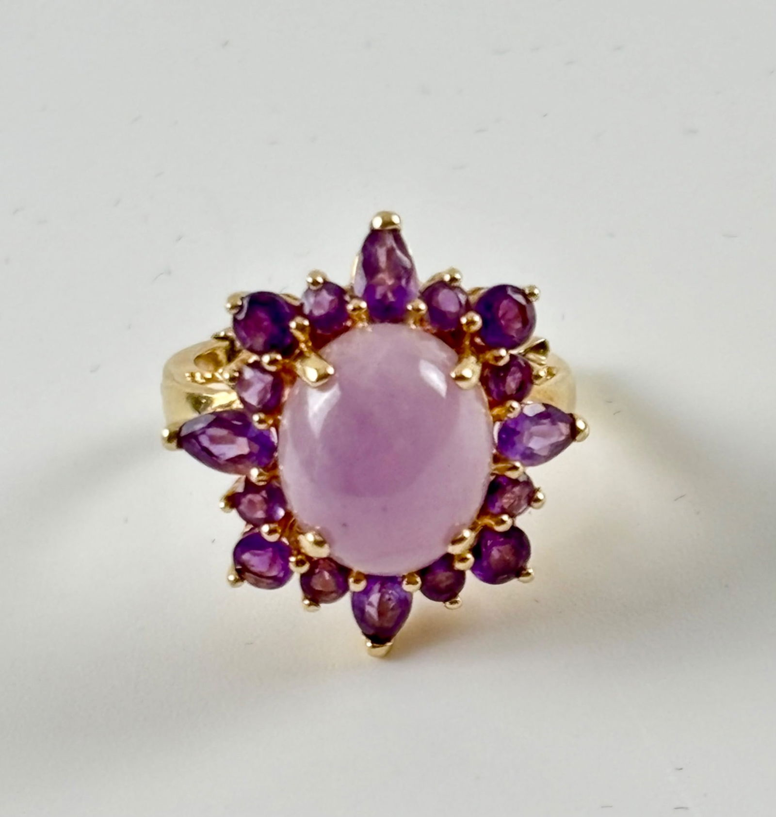 14K Gold Cocktail Ring with Oval Amethyst Cabochon and Halo (1 of 6)
