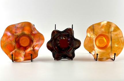 Three Carnival Glass Bowls with Iridescent Finishes