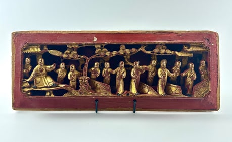 Antique Chinese Carved Wooden Panel with Gilt Figures