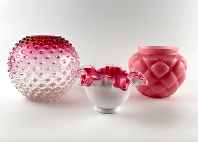 Two Vintage Glass Rose Bowls and a Handkerchief Edge Compote