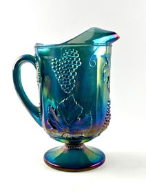 Blue Carnival Glass Water Pitcher with Grape and Leaf Design