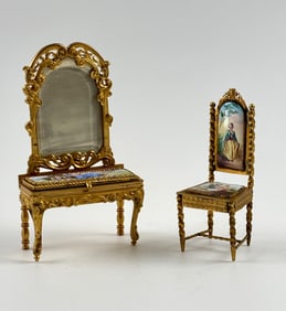 Viennese Enamel Miniatures Gilt Vanity with Mirror and Chair